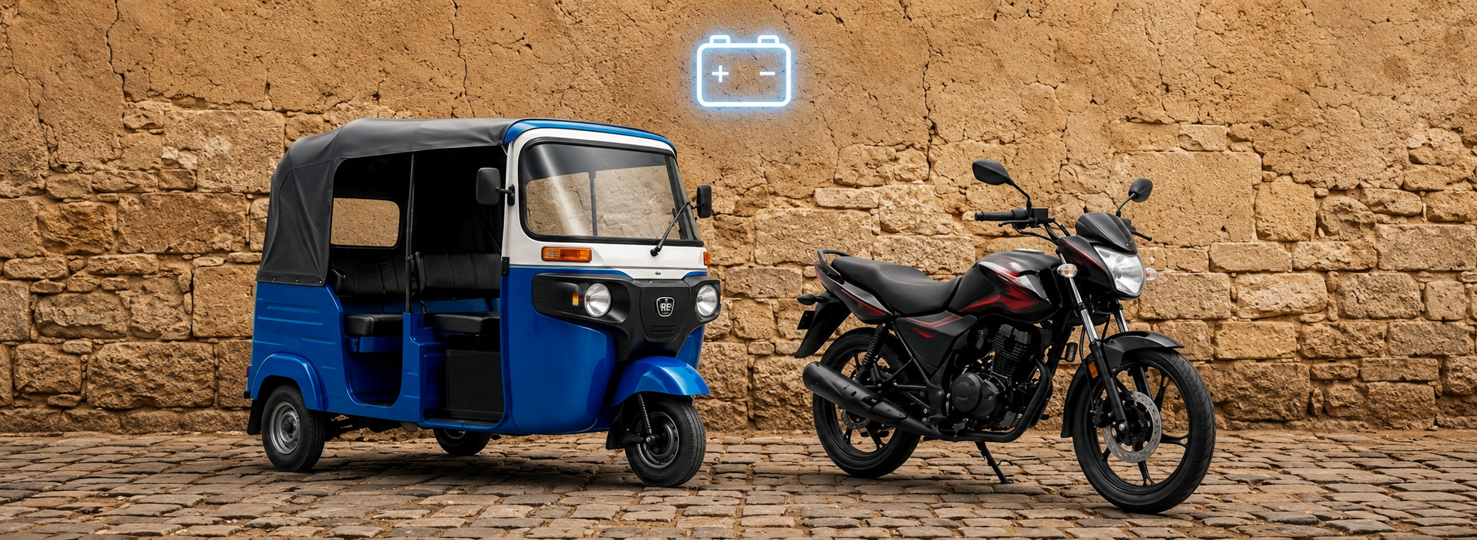 Banner baterías, composición con un mototaxi tuctuc bajaj y una motocicleta