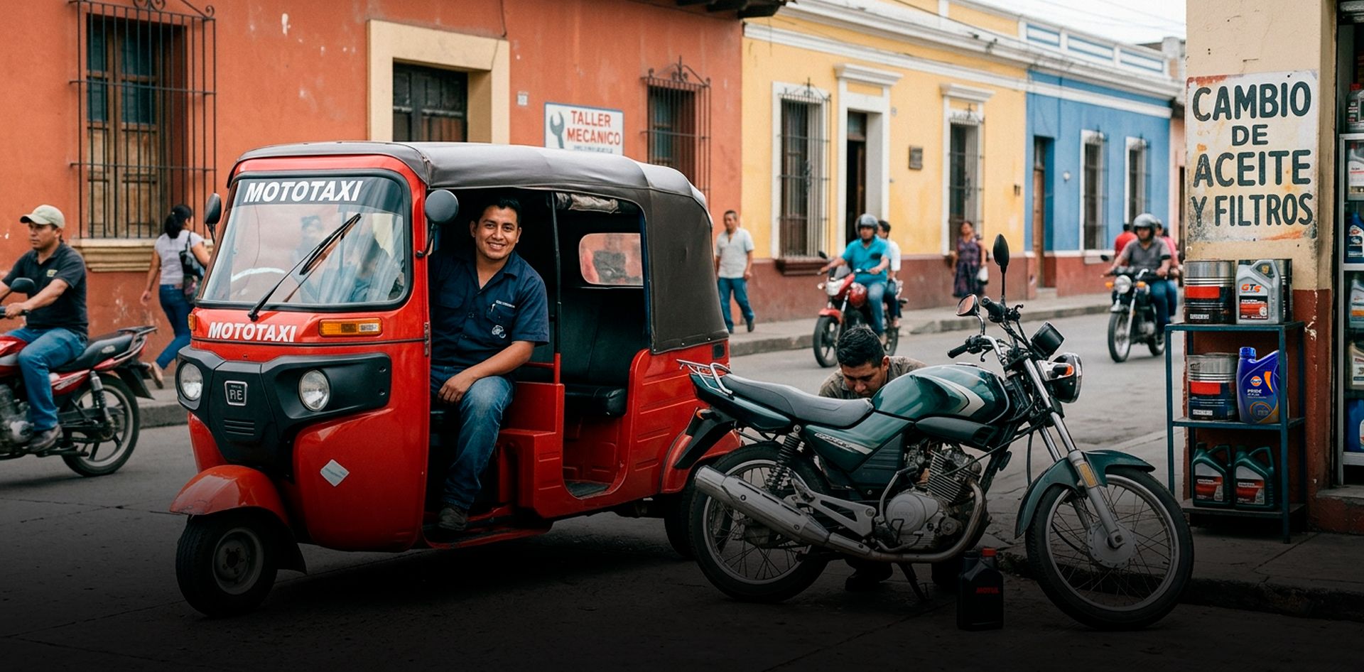 Banner lubricantes, composición típica de un negocio o taller donde se le realiza cambio de aceite a una moto y un mototaxi