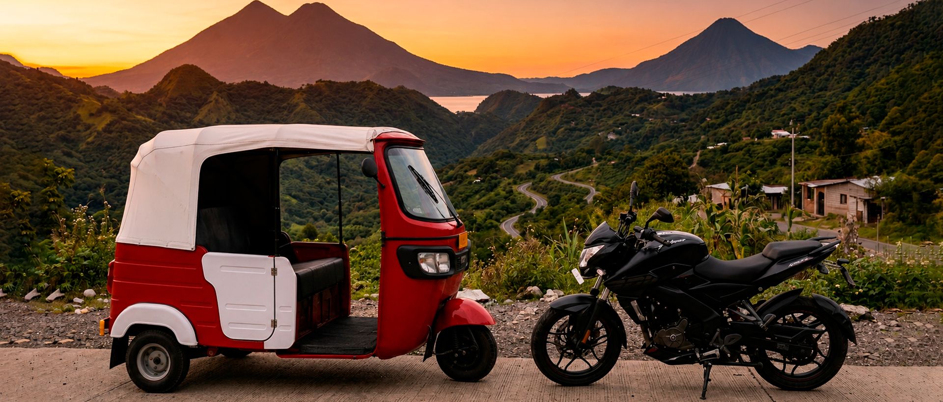 Composición de lubricantes con un fondo de paisaje de naturaleza guatemalteca con un tuctuc y una motocicleta viéndose de frente, BAJAJ, TVS, PIAGGIO