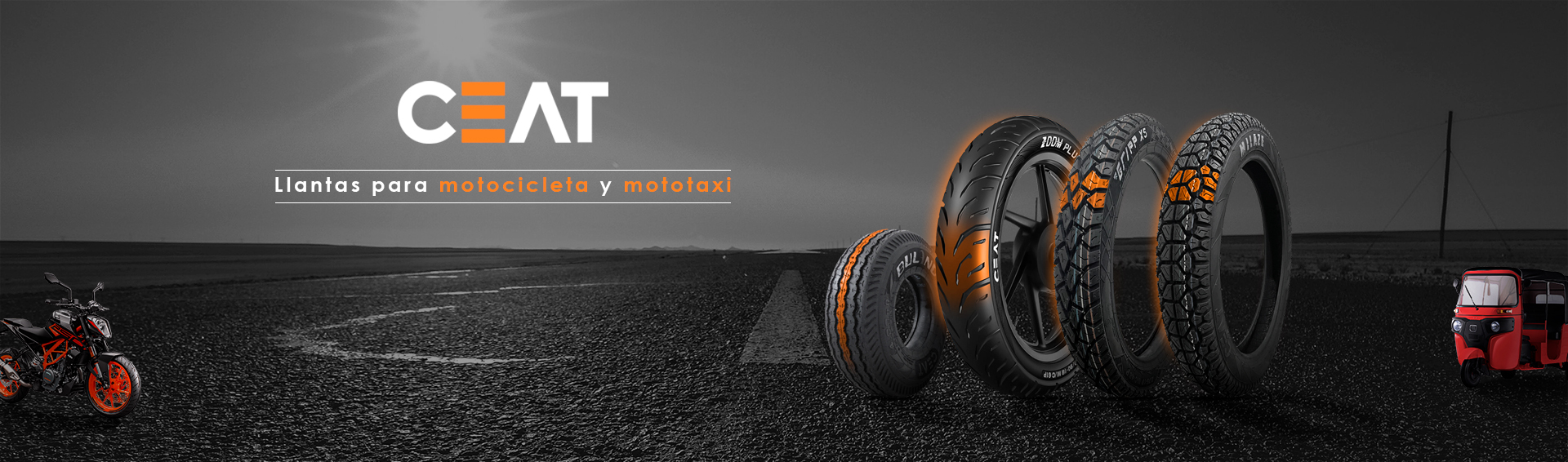 Banner publicitario de llantas para motocicletas y mototaxis de la marca CEAT