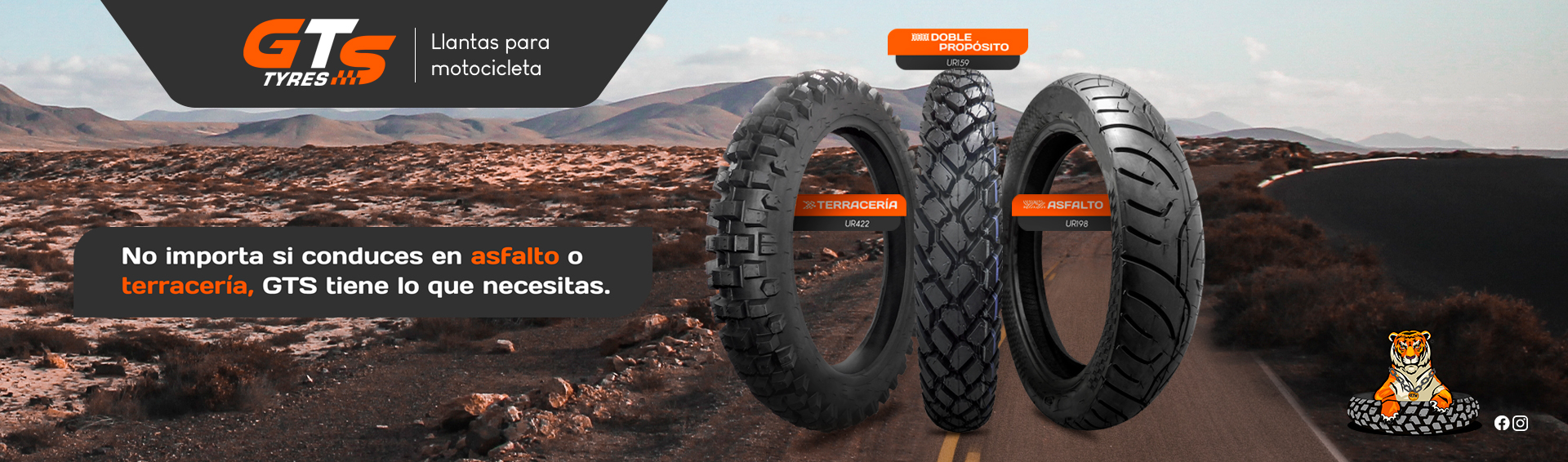 Banner publicitario donde se aprecian 3 familias de llantas para motocicleta de la marca GTS