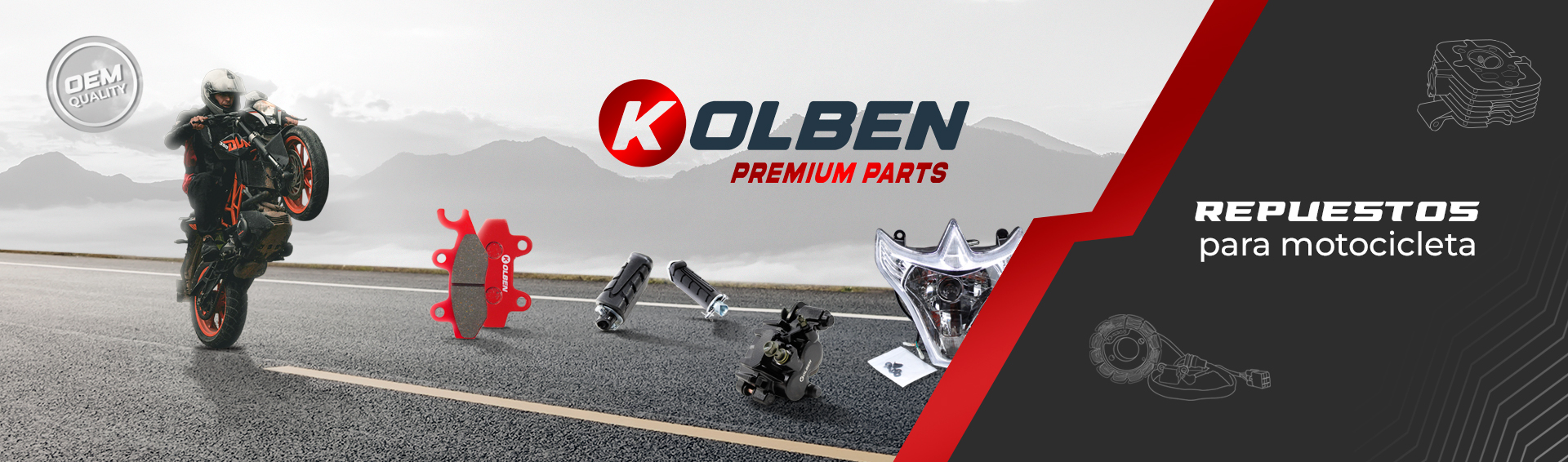 Repuestos para motocicleta marca KOLBEN, OEM PARTS